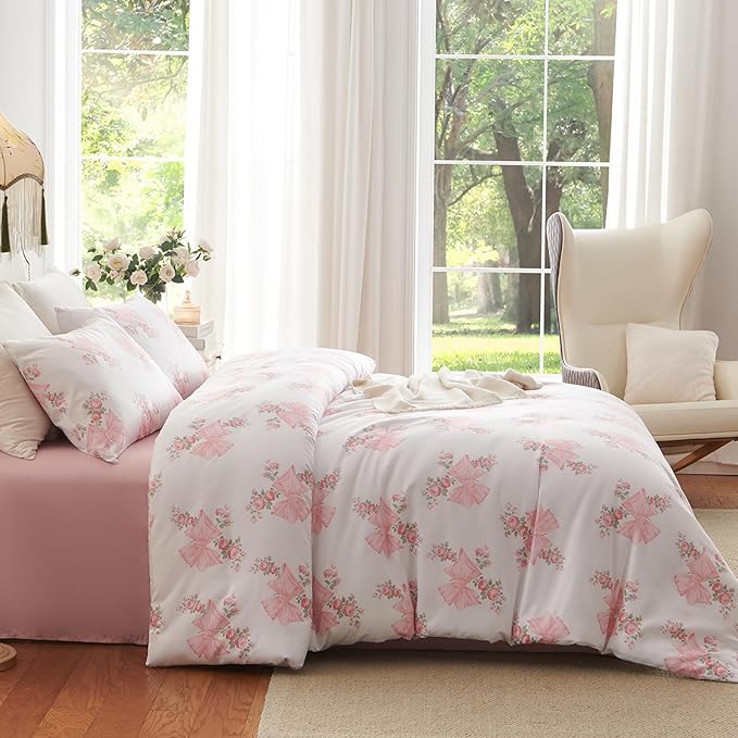 Nayoroom Pink Bow Duvet Cover Queen Size Coquette Pink Floral Duvet Cover 3 - Image 4