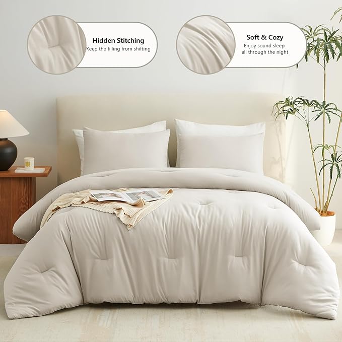CozyLux Oversized King Comforter Set Beige, 3 Pieces 120x98 Solid Breathable - Image 2