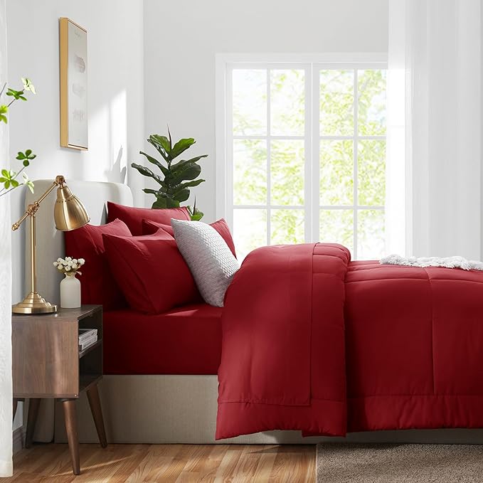 CozyLux King Size Comforter Set Dark Red, 7 Pieces Bed in a Bag, All Season - Image 9