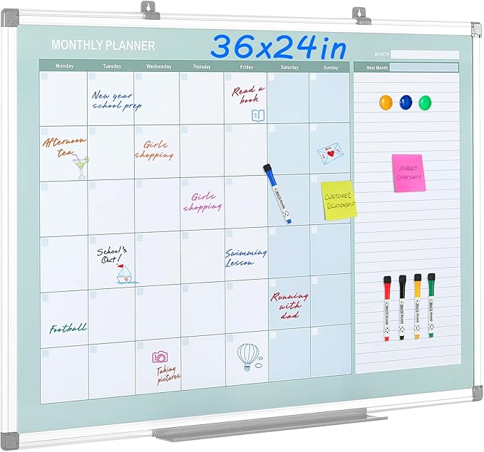 MAKELLO Dry Erase Calendar for Wall 36" x 24", Large White Board Calendar with Next Month for Office, Family, Kitchen and Bedroom