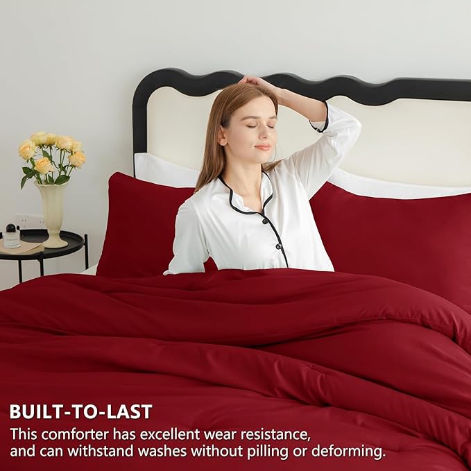 CozyLux Queen Comforter Set Dark Red, 3 Pieces Solid Comforters Queen Size - Image 3