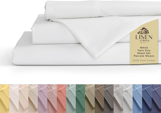 Linen Home 100% Cotton Percale Sheets Twin Size, Deep Pocket, 3 Pieces Set by LINENHOME
