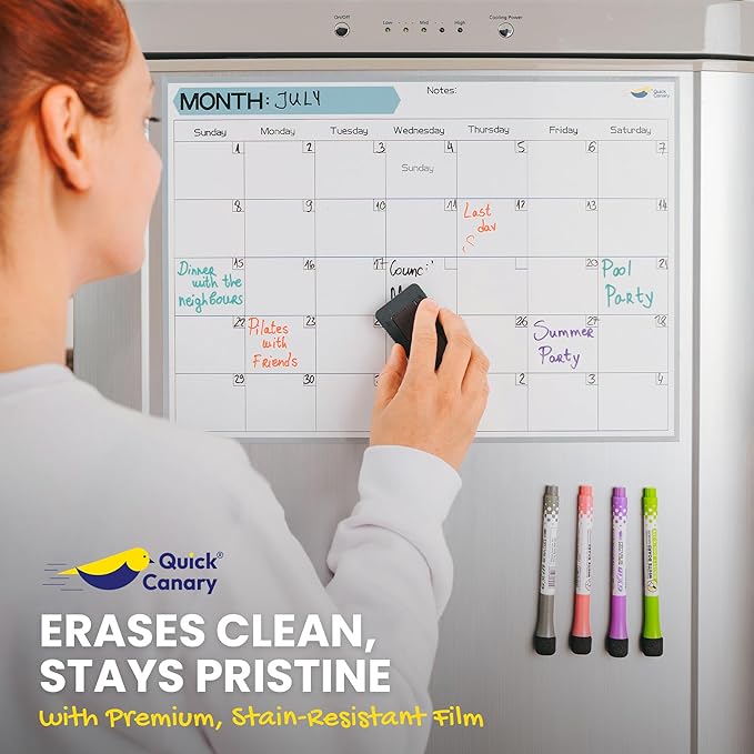 Monthly Magnetic Calendar for Refrigerator - 17x12” Stain-Resistant Dry Erase Fridge Calendar Whiteboard with Large Writing Space for Schedules, Chores & Meals - With 4 Markers & Eraser - Sunday Start