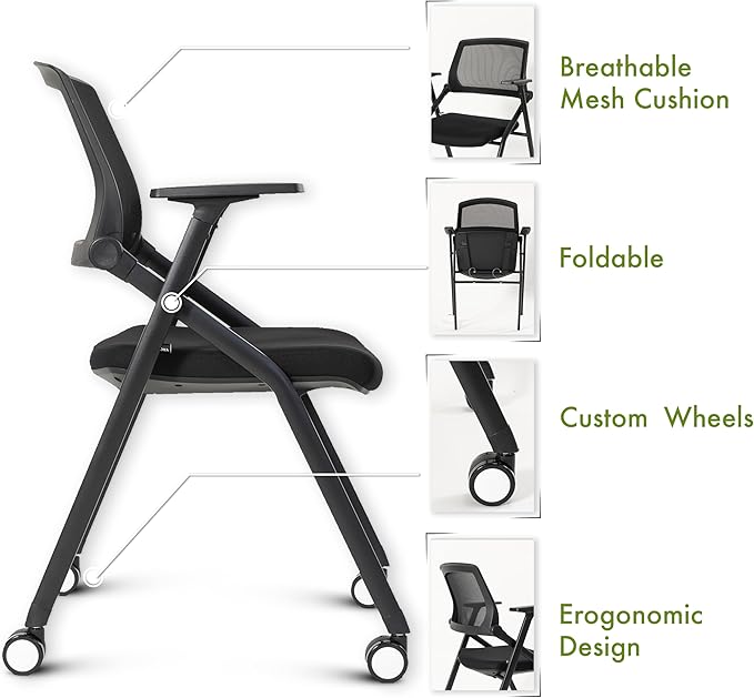 VACYOVKE Folding Conference Room Chairs Set of 2 Black Guest Reception Chair for Office, Waiting Room, Meeting, Lobby, Church