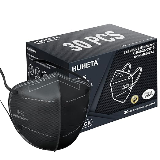 HUHETA KN95 Face Masks, Packs of 30 Individually Wrapped, 5-Ply Breathable and by HUHETA
