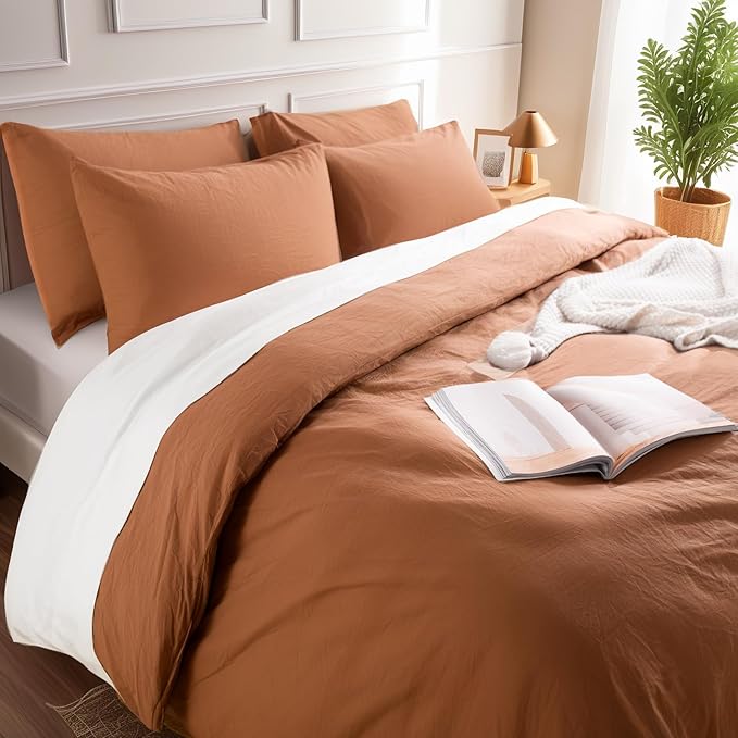 NEXHOME PRO Terracotta Burnt Orange Duvet Cover Set Kids Twin Size Linen Look - Image 6