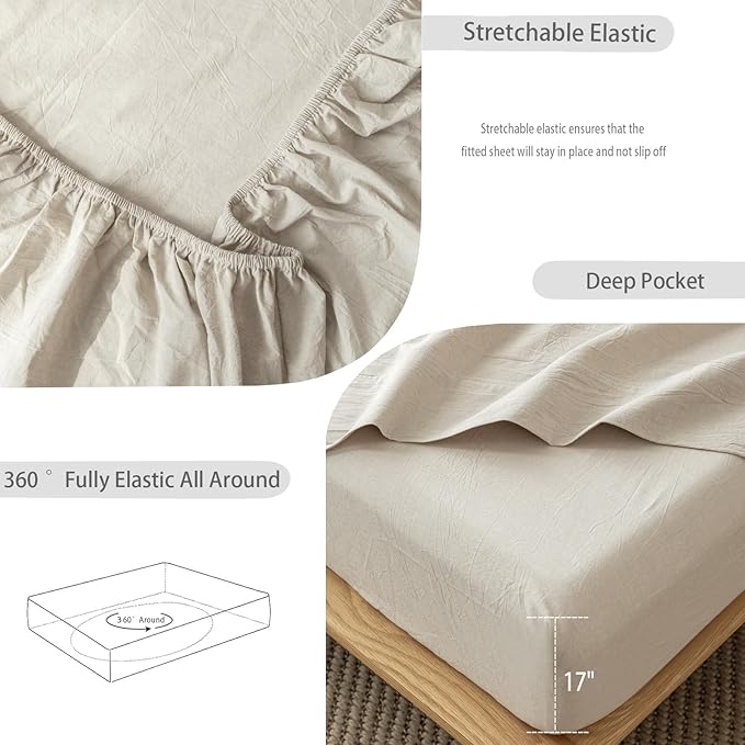 MooMee Fitted Bottom Sheet Only 100% Washed Cotton Linen Like Textured - Image 6