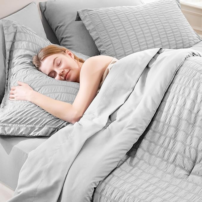 CozyLux Oversized Queen Comforter Set Light Grey Seersucker 7 Pieces 98x98 Bed - Image 5