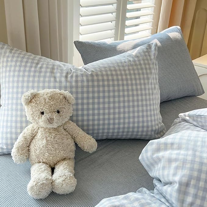 Nayoroom Gingham Duvet Cover Oversized King Blue White Plaid Checkered - Image 7