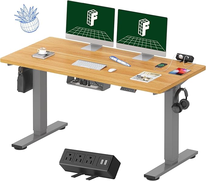 FLEXISPOT EN2 Whole-Piece Standing Desk with Clamp Power Strip, 55 x 28 Electric Stand Up Height Adjustable Desk with Cable Management (Gray Frame + 55" Maple Top, 2 Packages)
