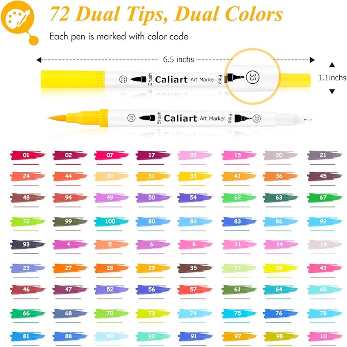 Caliart 72 Colors Double Tip Brush Pens Art Markers, Artist Fine & Brush Pen Coloring Markers for Adult Book Cards Drawing Craft Kit Teacher Office Supplies