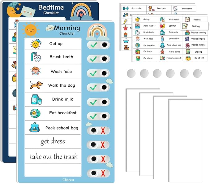 2PCS Magnetic Visual Chore Chart for Kids, Schedule Checklist for Kids, Kids to Do Task (1 Morning Checklist Boards, 1 Bedtime Checklist Boards) (Blue)
