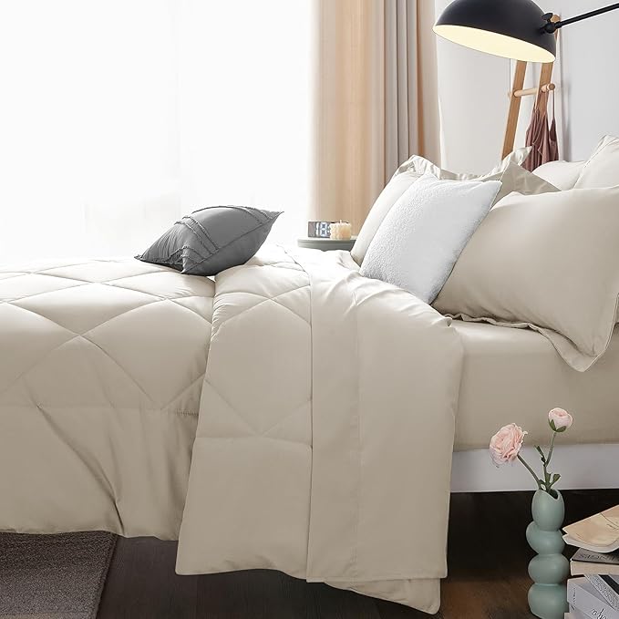 CozyLux Queen Comforter Set Oatmeal - Image 9