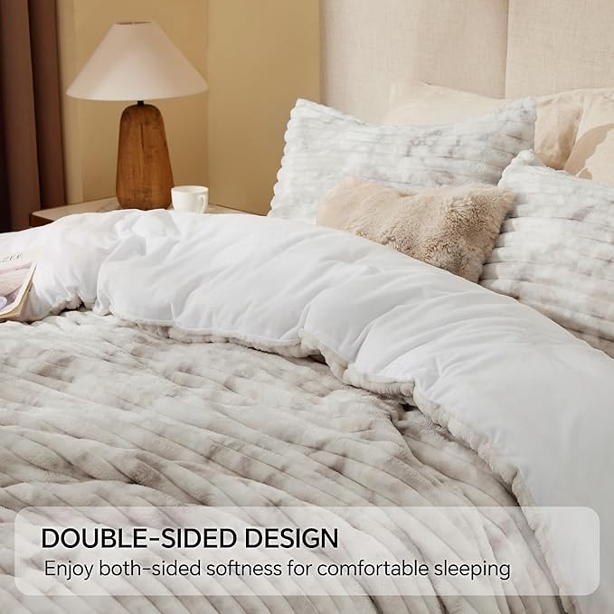 BEDELITE Fleece King Comforter Set -Super Soft & Warm Fluffy Grey&White Bedding - Image 5