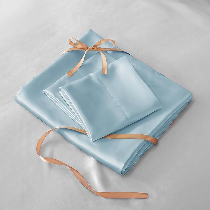 BEDELITE King Size Sheets Set, Luxury Soft Light Blue Satin Sheets - Image 7