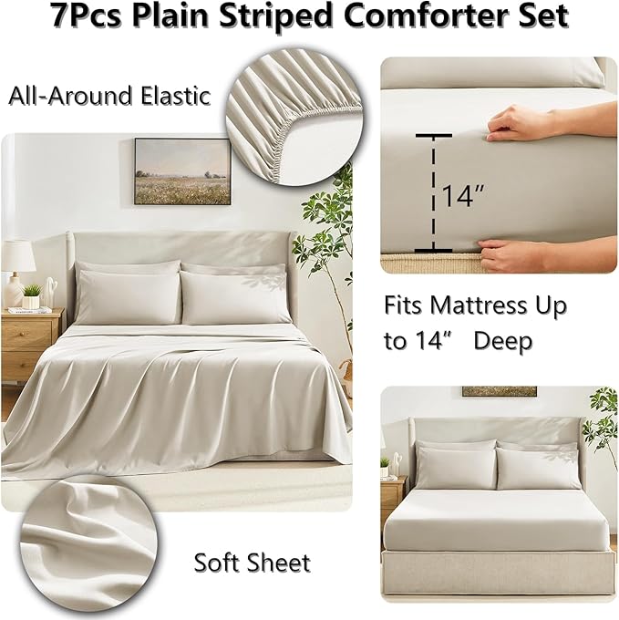 CozyLux King Size Comforter Set Oatmeal, 7 Pieces Bed in a Bag, Oatmeal - Image 5