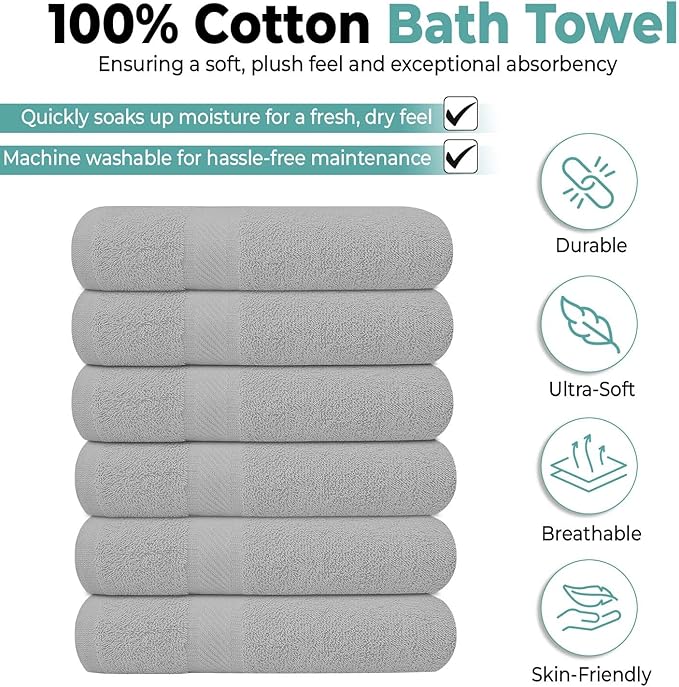 KAHAF COLLECTION 6 Pack Bath Towels Set 100% Ring Spun Cotton, Lightweight - Image 2
