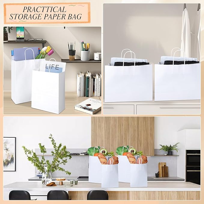 woric 120 PCS White Gift Bags with Handles, Large Gift Bags 4 Assorted Sizes White Paper Valentine's Day Bags Bulk for Gifts Small Business Retails Shopping