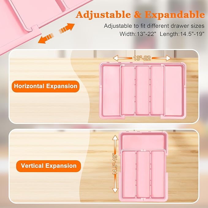Spaclear Large Utensil Drawer Organizer Expandable Silverware Organizer for Kitchen Drawer Adjustable Cooking Utensil Holder Cutlery Flatware Tray Spatula Tools Gadgets Storage Dividers Plastic Pink