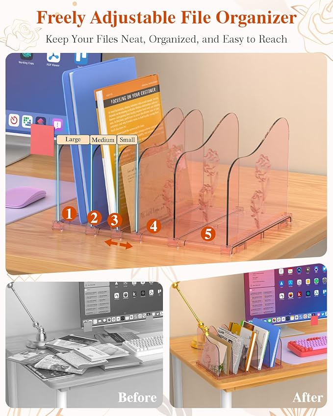 COWVTUJ Adjustable Rose File Organizer for Desk, Vertical File Folder Holders for Magazines, Upright Desktop Binder Organizer, Clear Paper Bookshelf Divider File Sorter for School Office Supplies