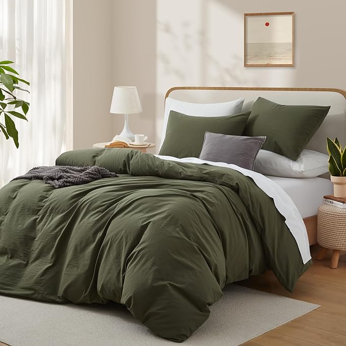 LOVQUE Olive Green Duvet Cover Full Size, 100% Washed Cotton Linen Like Bedding - Image 2