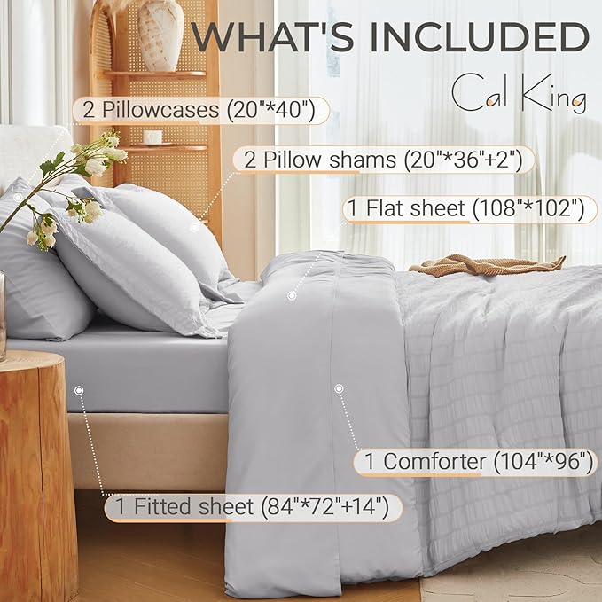 MUXHOMO 7 Pieces California King Comforter Set, Seersucker Bed in a Bag Cal - Image 4