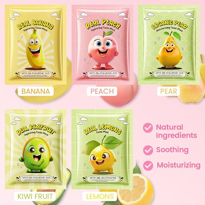 Kaely 10 Pack Fruit Face Masks for Kids, Kids Face Mask Spa Day Kit Supplies - Image 3