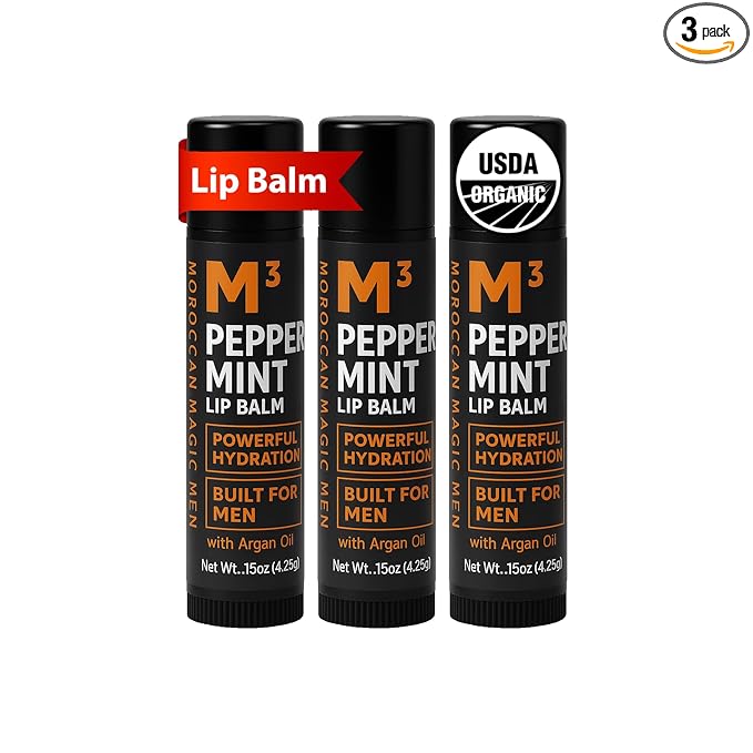 Moroccan Magic Men M3 Organic Peppermint Lip Balm 3 Pack | Ultra-Hydrating & by MoroccanMagic