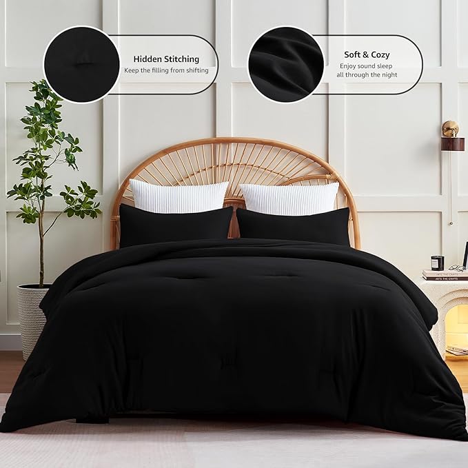 CozyLux California King Comforter Set Black, 3 Pieces Cal King Solid Breathable - Image 3