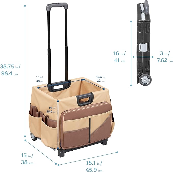 ECR4Kids Universal Rolling Cart with Canvas Organizer Bag, Mobile Storage, Chocolate/Sand
