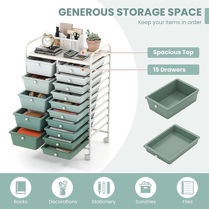 GOFLAME 15-Drawer Rolling Storage Cart, Craft Storage Cart with Removable Drawers & Lockable Wheels, Art Cart Supply Storage Organizer for Home Office Classroom, Green Gradient