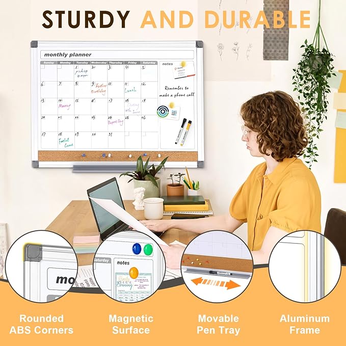 MAKELLO Dry Erase Calendar for Wall 36" x 24", Large Calendar Whiteboard with Cork Board for Office, Home, School, Family, Kitchen and Bedroom, 3' x 2'