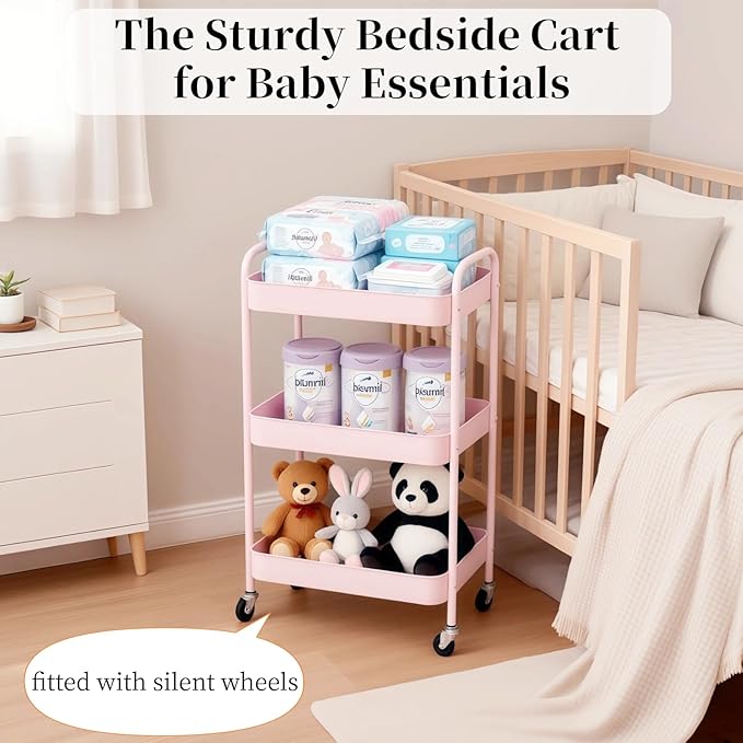 LIWNYRK 3 Tier Pink Rolling Cart for Nursery & Laundry Room with Handle & 4 Hooks, Metal Kitchen Storage Cart on Wheels and Lockable Casters, Large Capacity Sturdy Trolley for Lash Craft Bathroom