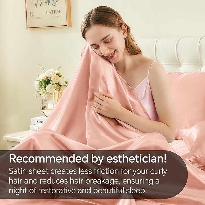 BEDELITE Satin Sheets Twin XL Size Bed Set, Luxury Soft Coral Pink Silky Sheets - Image 4