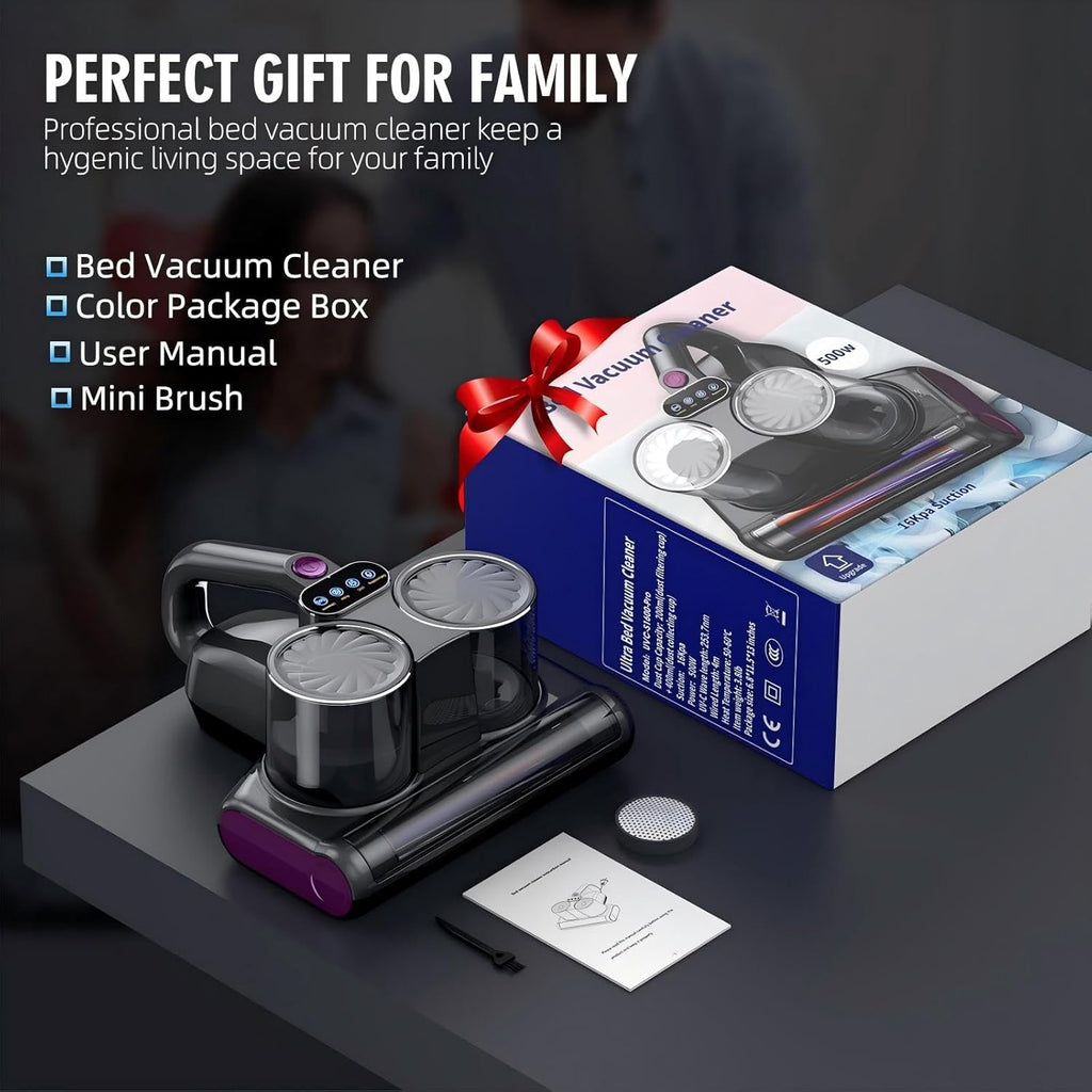 Mattress Vacuum Bed Vacuum Cleaner with UV 16Kpa Suction Filter 253.7nm UV-C Light & 30000 RPM/Min Brushroll Rotation & Heating & Ultrasonic Quintuple Tech, Widened Suction Port, 500W, Corded