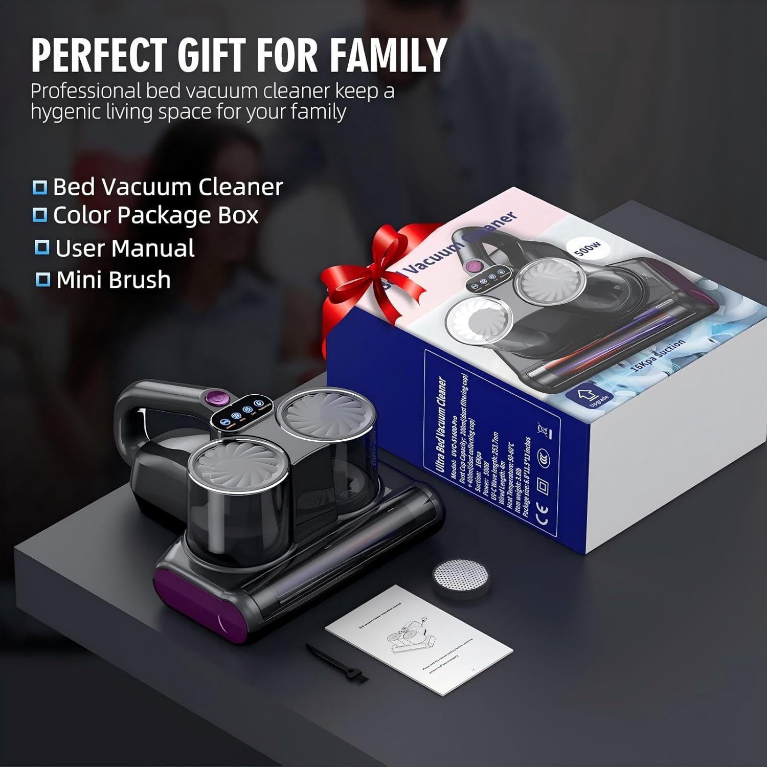 Mattress Vacuum Bed Vacuum Cleaner with UV 16Kpa Suction Filter 253.7nm UV-C Light & 30000 RPM/Min Brushroll Rotation & Heating & Ultrasonic Quintuple Tech, Widened Suction Port, 500W, Corded