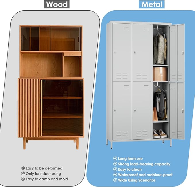 SUPEER 6 Doors Metal Locker Employee with Business Card Holder,Metal Locker for Employees with 18 Hooks for School Garage Office Gym Home,Assembly Required,Light Grey