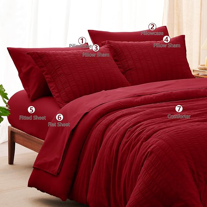 CozyLux King Size Comforter Set Dark Red Seersucker 7 Pieces Bed in a Bag King - Image 7