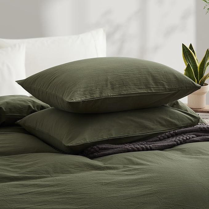 LOVQUE Olive Green Cotton Duvet Cover Queen Size, Linen Like Natural Bedding Set - Image 3