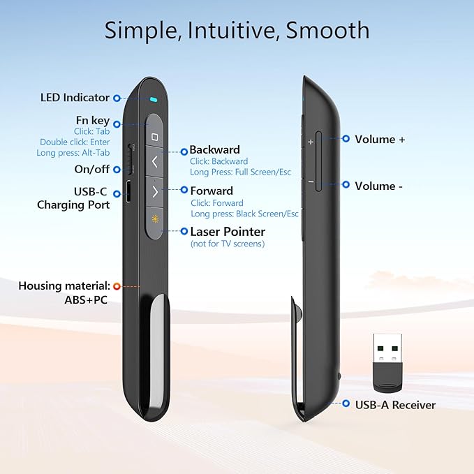 Norwii Rechargeable Bluetooth Presentation Clicker with Green Pointer, Wireless Presenter, PowerPoint Presentation Remote, Slide Clicker with 328ft Range for Teacher and Presenter, macOS Applicable