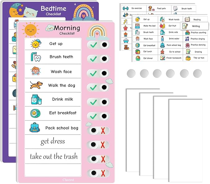 2PCS Magnetic Visual Chore Chart for Kids, Schedule Checklist for Kids, Kids to Do Task (1 Morning Checklist Boards, 1 Bedtime Checklist Boards) (Pink)