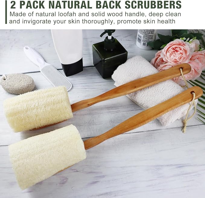 2 Pack Natural Exfoliating Loofah Luffa Loofa Bath Brush On a Stick, Shower - Image 6