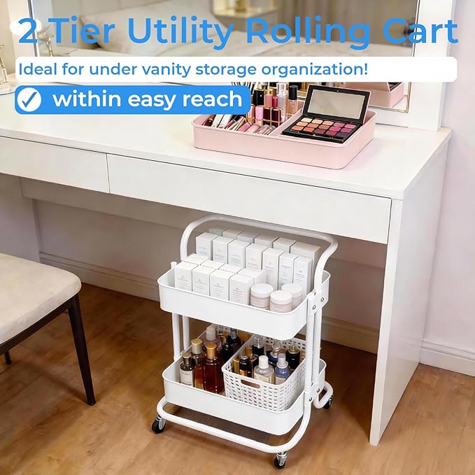 Ufriandz 2 Tier Cart with Wheels Under Desk Storage with Handle, Metal Rolling Pantry Cart for Kitchen White Small Rolling Basket for Laundry Room Bathroom, Utility Shelf Organizer for Small Space