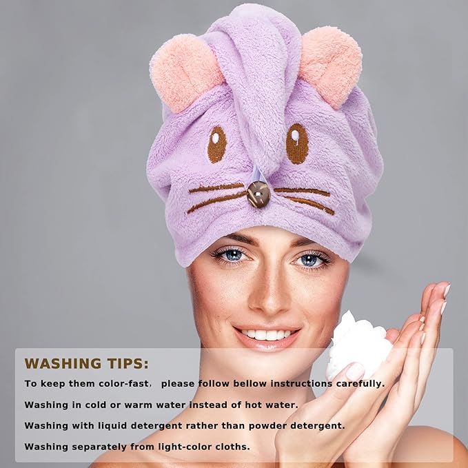 Whaline 2 Pack Parent-Child Quick Dry Hair Towel Cute Mouse Hair Towel Wrap - Image 5
