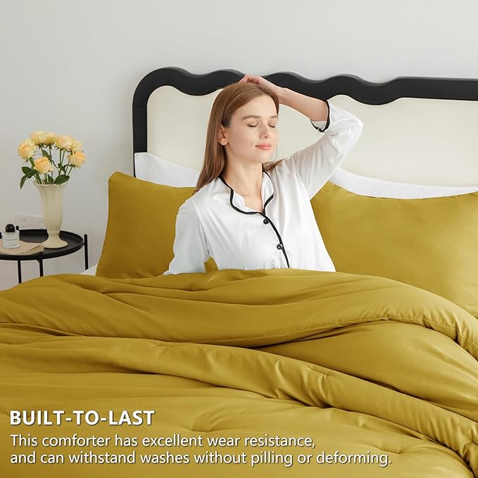 CozyLux Queen Comforter Set Mustard Yellow, 3 Pieces Solid Comforters Queen - Image 3