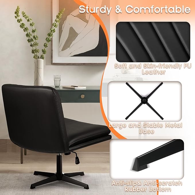 PUKAMI Criss Cross Legged Office Chair,Armless Office Desk Chair No Wheels,PU Leather Modern Swivel Vanity,Height Adjustable Wide Seat Mid Back Computer Task Chair for Home Office