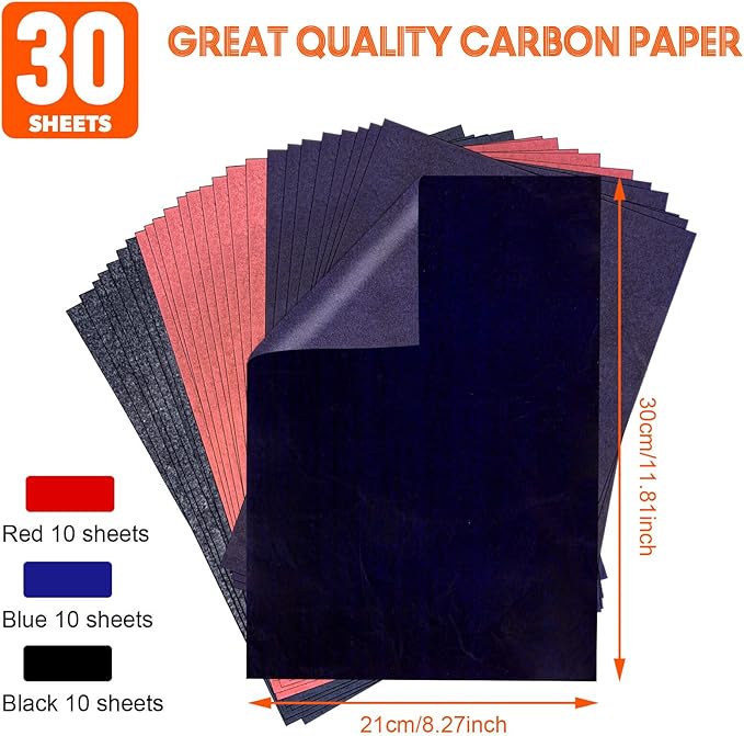 Carbon Paper for Tracing Graphite Transfer-Paper - PSLER 10 Sheets Red,10 Sheets Blue,10 Pcs Black for Tracing Drawing Patterns on Wood Projects Fabric Artist A4 Size 8.5 X 11 Inch