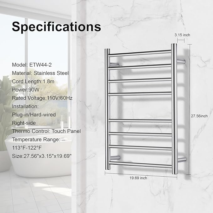 Towel Warmer Polished Chrome for Bathroom Wall Mounted Drying Rack Plug-in - Image 3