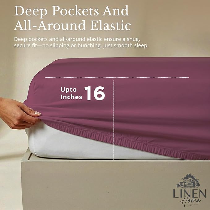 Linen Home 100% Cotton Percale Sheets Full Size, Damson Berry, Deep Pocket - Image 4