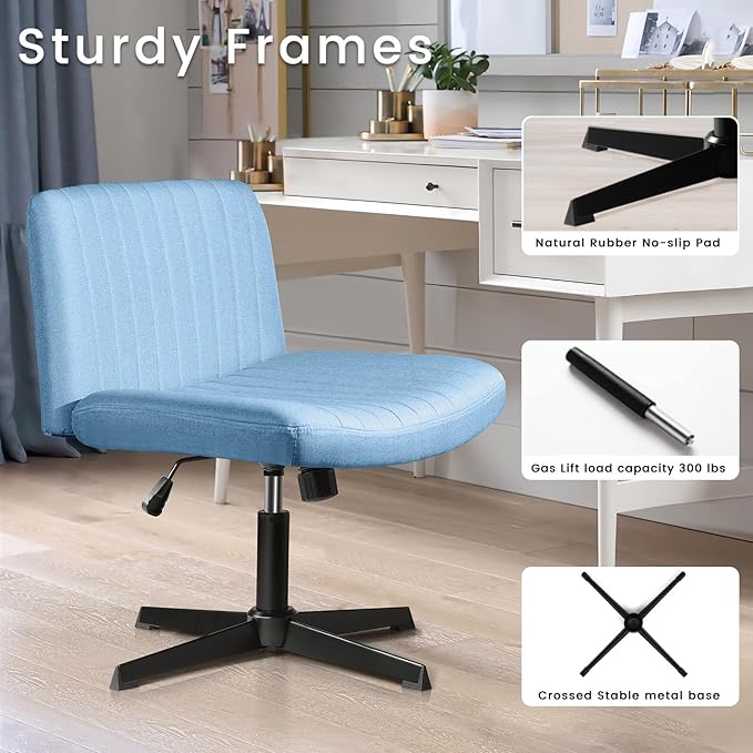 PUKAMI Criss Cross Chair,Armless Cross Legged Office Desk Chair No Wheels,Fabric Padded Modern Swivel Height Adjustable Mid Back Wide Seat Computer Task Vanity Chair for Home Office (Light Blue)